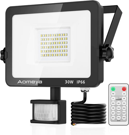 Aomeya Motion Sensor Outdoor Security Light, 30W LED Floodlights with 3 Color Adjustment, IP66 Waterproof with Remote Control for Garden, Backyard, Garage, Doorways